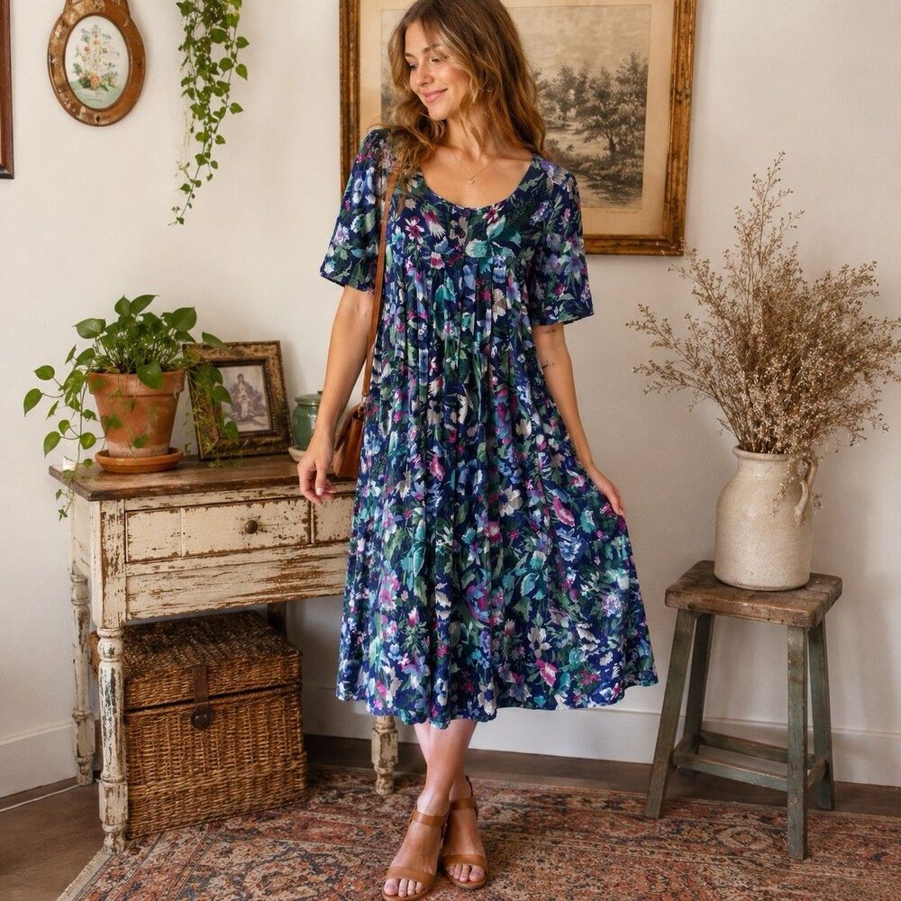 La Cera Floral Crinkle Cotton Midi Dress Womens M Boho Cottagecore Colorful